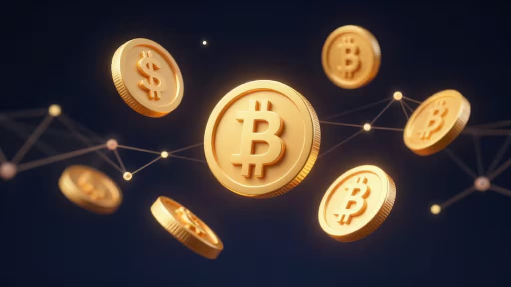 Abstracte weergave van cryptocurrency trading met gouden muntsymbolen en een glinsterend blockchain-netwerk op een donkerblauwe achtergrond