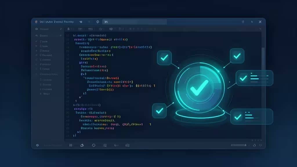 A glowing teal AI review interface overlays a dark code editor, displaying floating checkmarks and annotations symbolizing automated pull request validation.