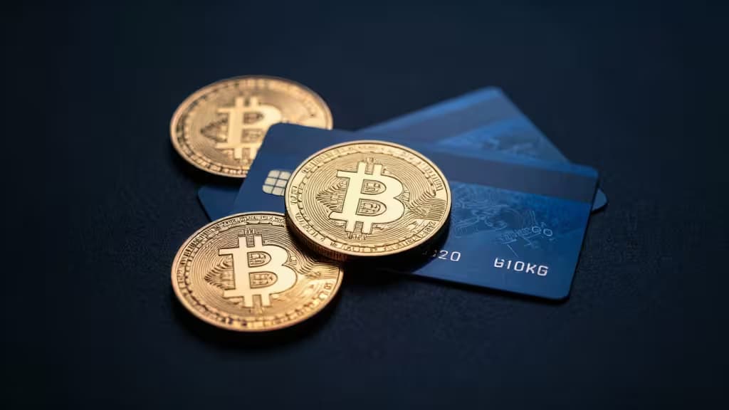 Golden Bitcoin coins rest on blue debit cards against a dark background.