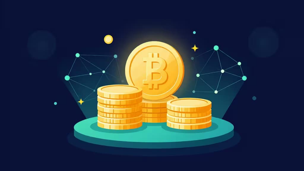 Golden Bitcoin coins stack on a teal platform, surrounded by glowing network nodes against a dark blue background.