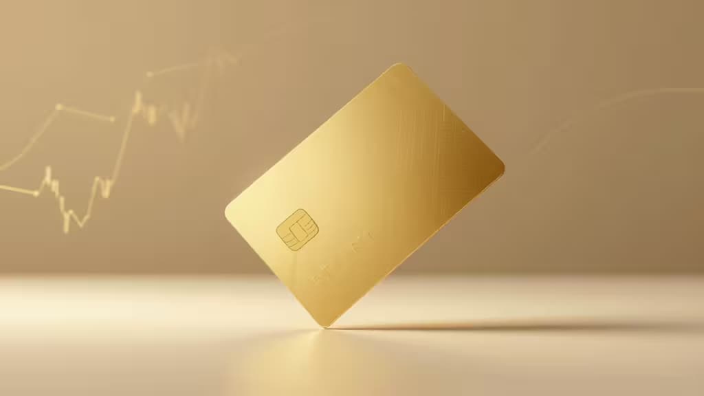Een glanzende gouden creditcard staat rechtop tegen een zachte beige achtergrond, symbool voor premium financiële instrumenten voor nieuwe ondernemers.