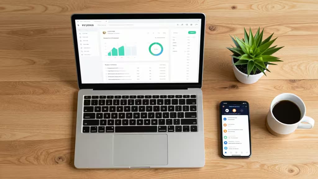Laptop displays crypto tax dashboard, phone shows app interface, coffee and plant on wooden desk.