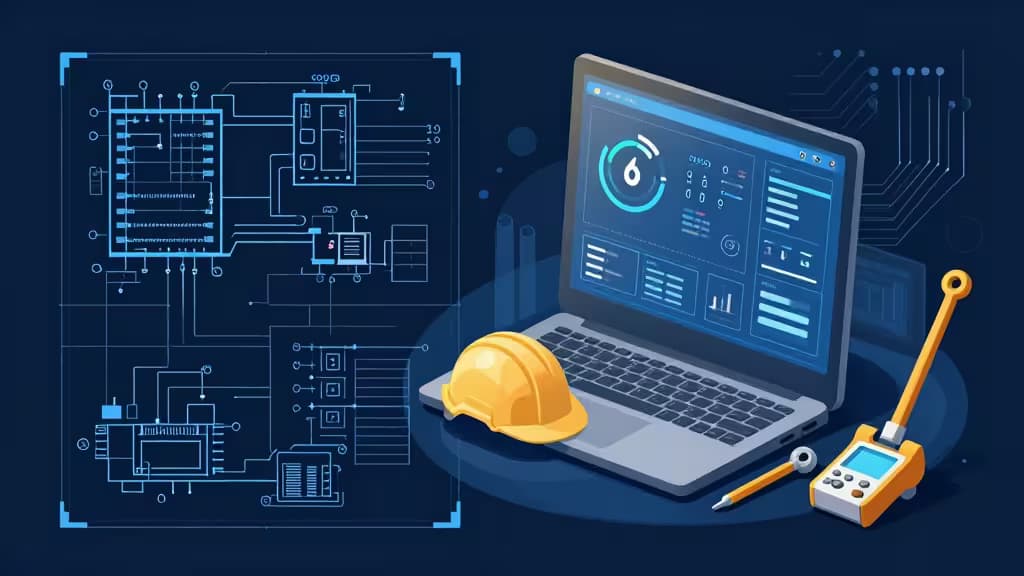 Abstract illustration blending electrical blueprints, digital dashboards, and construction tools with AI circuitry motifs in deep blue and amber tones.