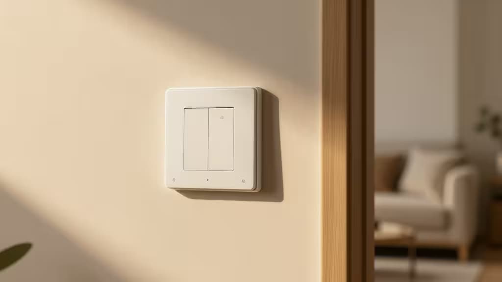 A sleek white smart switch mounted on a warm beige wall, casting soft shadows beside a wooden door frame.
