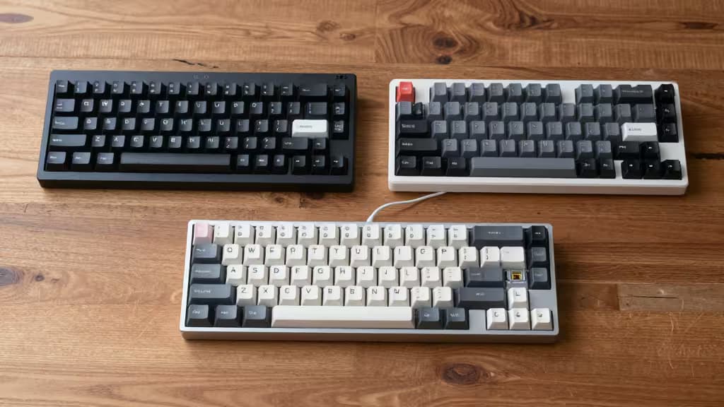 Three hot-swappable mechanical keyboards—Keychron and NuPhy models—displayed on wood grain surface.