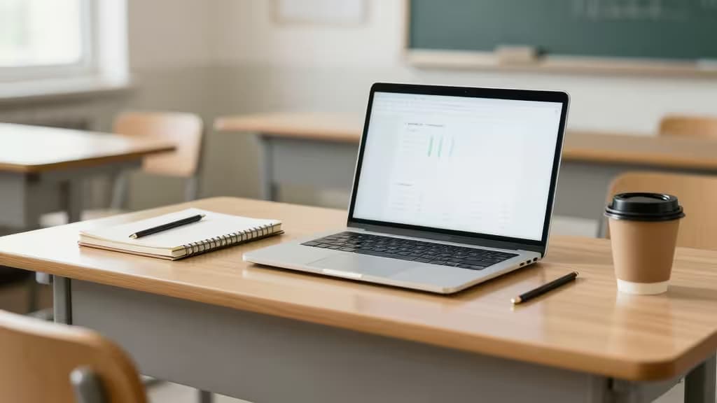 Un laptop con l'interfaccia di un password manager sulla scrivania di un insegnante, accanto a un quaderno e una tazza di caffè.