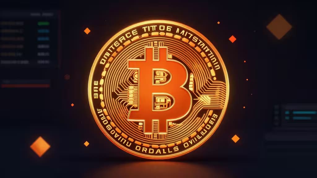 Glowing gold Bitcoin coin with circuit patterns and "ORDALLS" text, set against dark tech background.