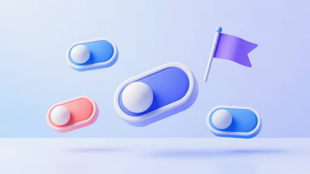 Floating 3D toggle switches and purple flag on soft gradient background.