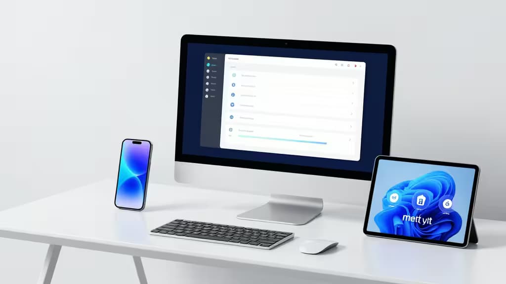 Nowoczesne biurko z komputerem, tablet i smartfonem, prezentujące interfejs AI do arkuszy kalkulacyjnych.