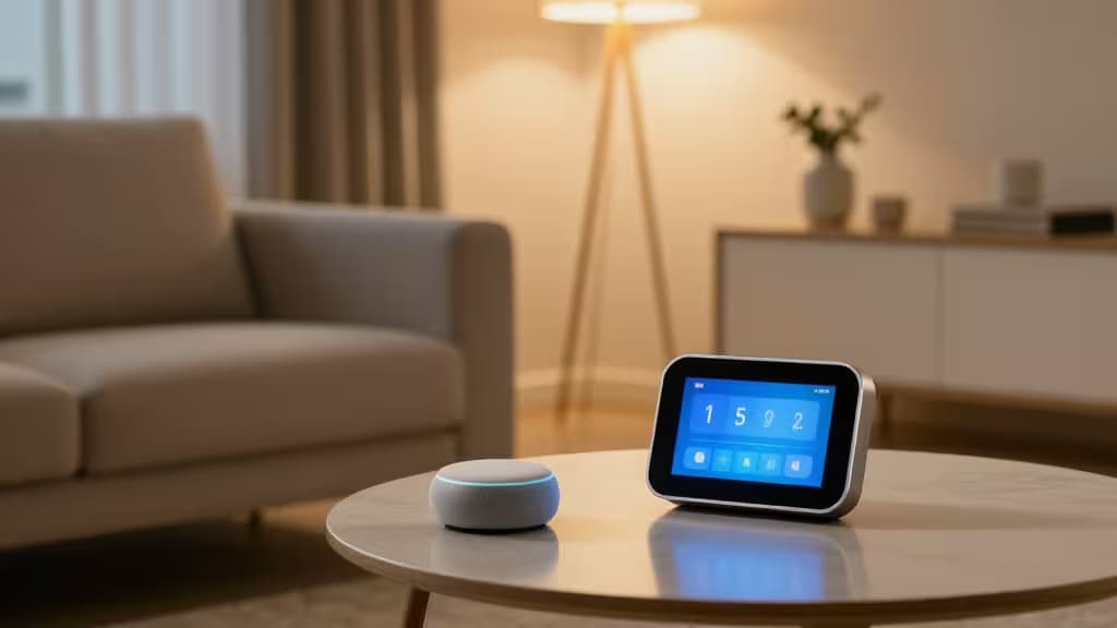 Pantalla inteligente y altavoz sobre mesa de madera en sala de estar acogedora con compatibilidad LG ThinQ