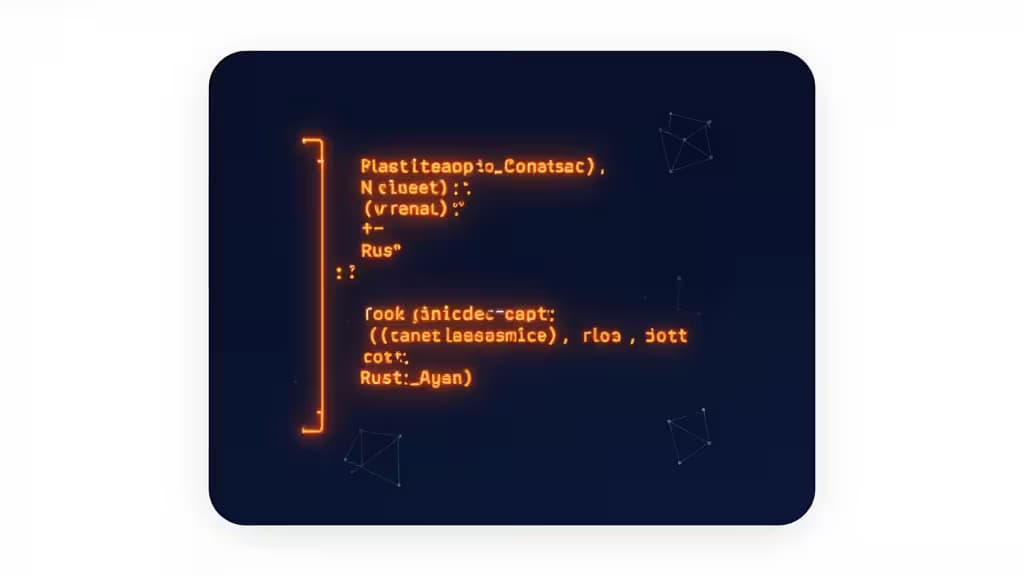 Glowing orange Rust code fragments float on dark background with neural network patterns.