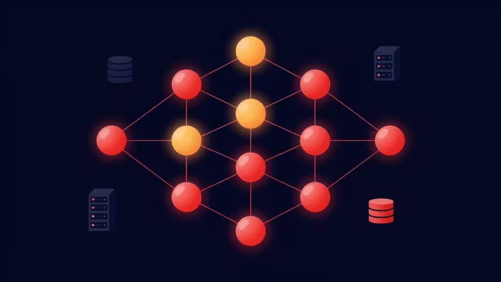 Glowing red and orange data nodes connect in a network, surrounded by server racks and database icons on a dark background.