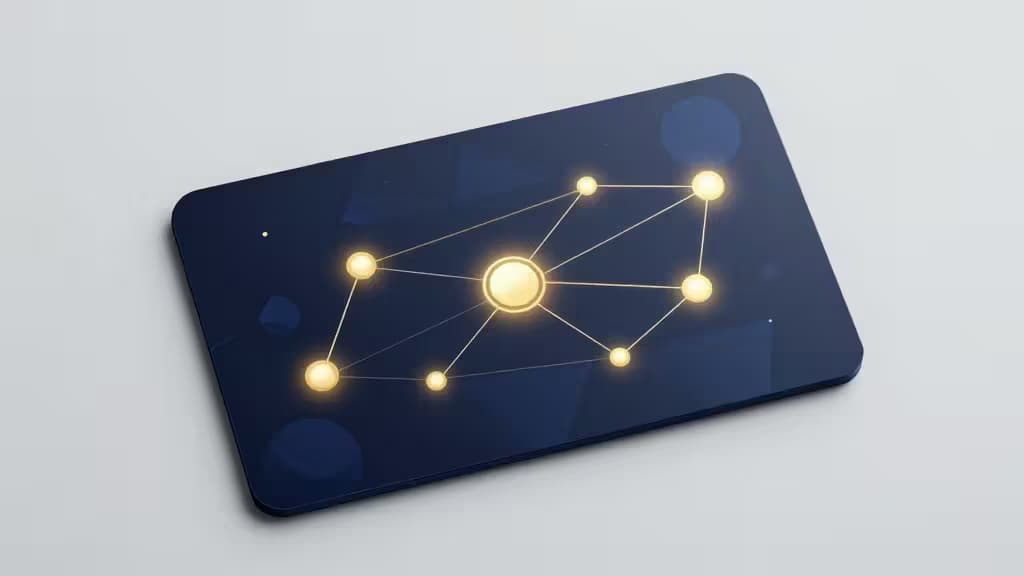 A sleek, dark blue digital card with glowing golden nodes and connecting lines, symbolizing blockchain interoperability.