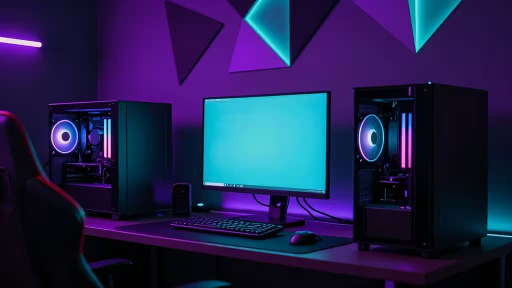 Dual PC towers flank a monitor, all glowing with synchronized RGB lights in a dark gaming room.