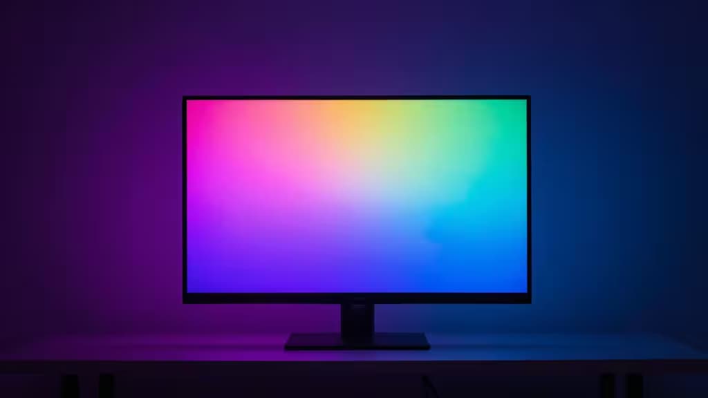 Abstract gaming setup with vibrant RGB smart sync lighting creating a purple and blue gradient glow behind a dark monitor