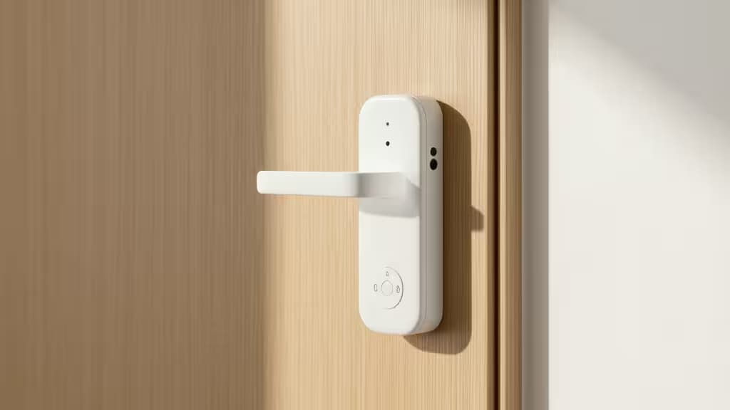 Sonnette vidéo sans fil blanche installée sur une porte en bois clair, design minimaliste, lumière naturelle douce.