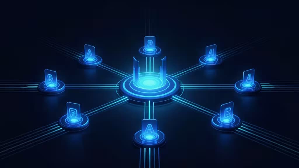 Glowing blue central hub routes data to eight peripheral AI model nodes via luminous pathways.
