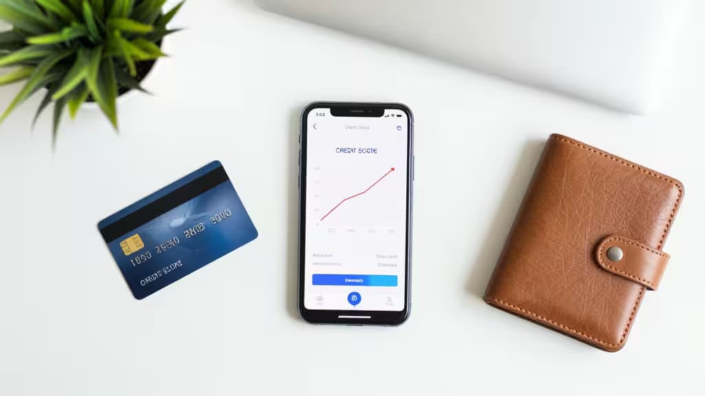 Blue secured credit card, smartphone displaying rising credit score graph, and brown leather wallet on white desk.