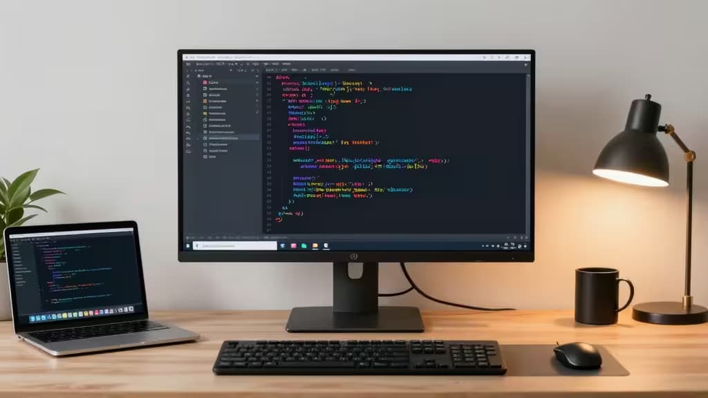 Een houten bureau met een laptop en monitor die Rust-code tonen, met een lamp en mok.