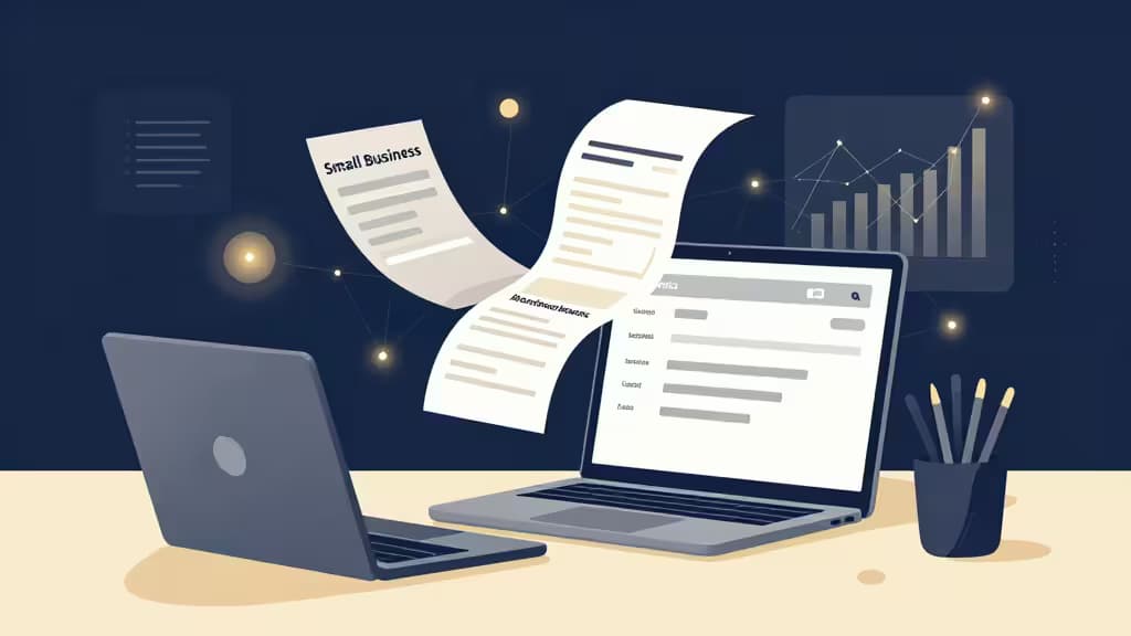 Laptops y documentos flotantes muestran datos financieros sobre un fondo azul oscuro, simbolizando contabilidad con IA accesible para pymes.