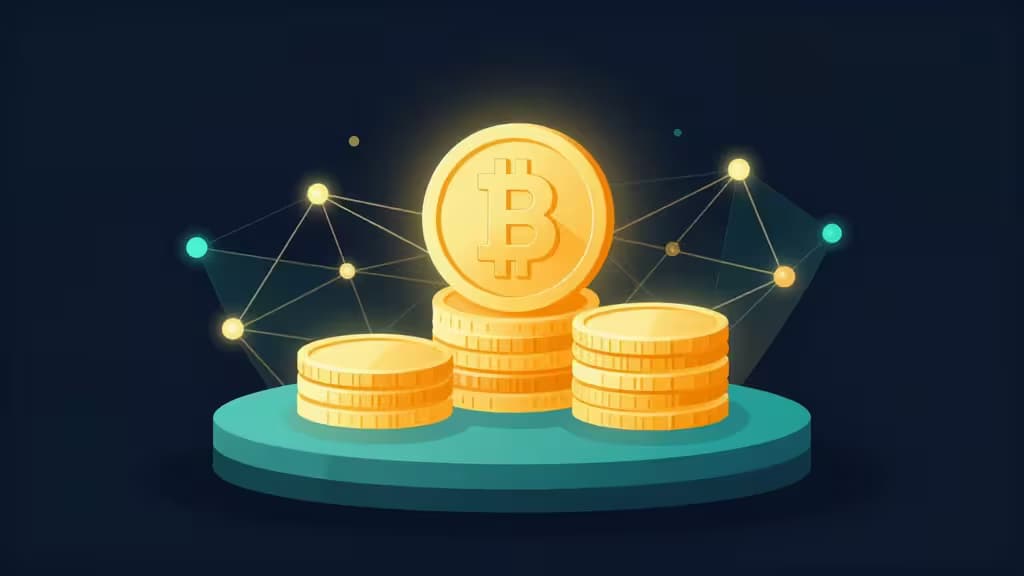 Ilustração abstrata de moedas douradas empilhadas sobre um pedestal com nós de rede blockchain interligados por linhas luminosas, em fundo azul-escuro com tons de teal e âmbar.