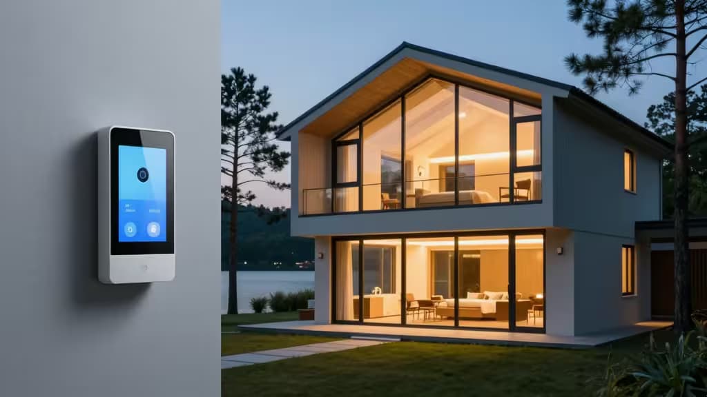 A sleek white smart home panel displays security controls beside a modern glass-walled vacation house illuminated at dusk, nestled among trees near water.
