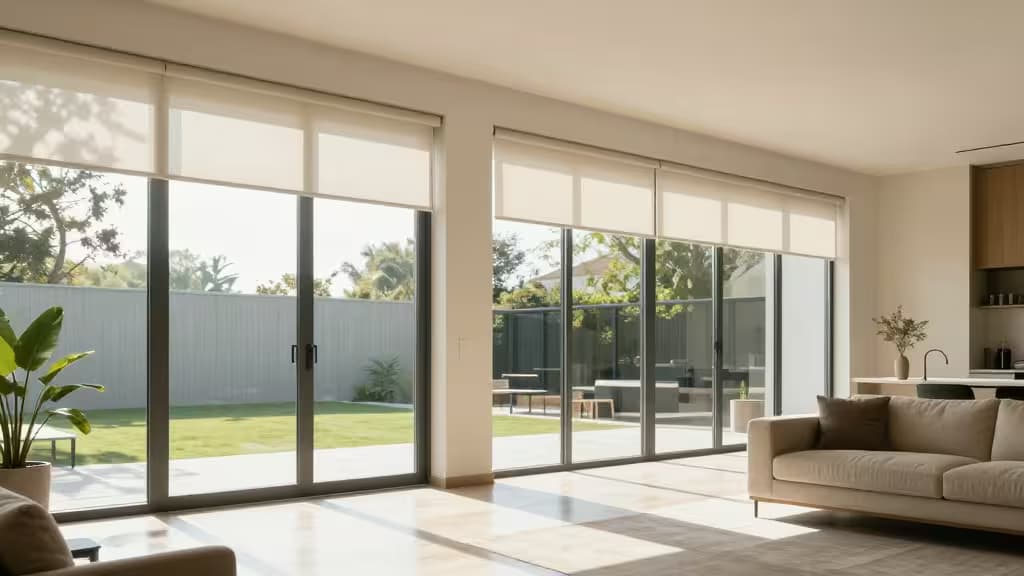 Motorized roller blinds cover expansive glass doors, blending modern design with natural light control.