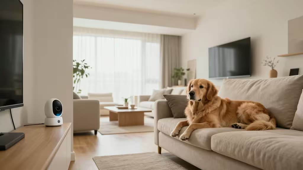 Golden retriever rests on beige sofa beside white smart camera in bright living room.