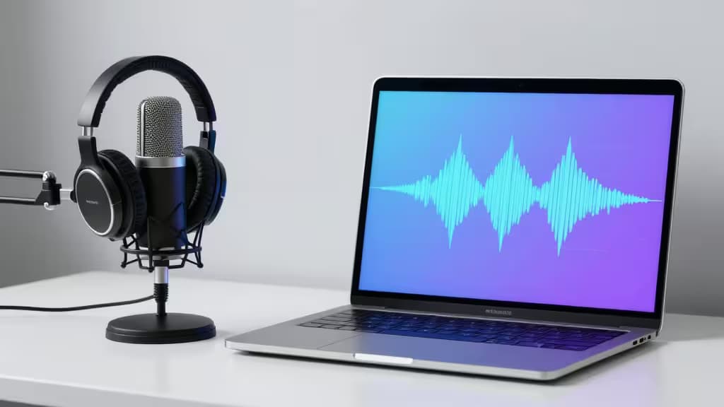 Ein modernes Laptop zeigt Audio-Wellenformen neben einem professionellen Mikrofon und Kopfhörern auf einem minimalistischen Schreibtisch.