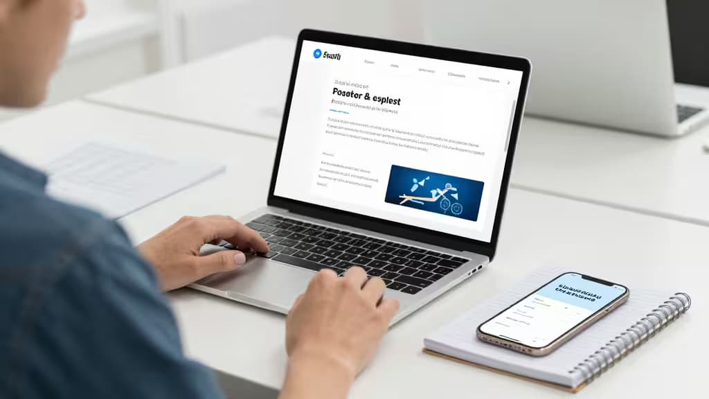 Een docent gebruikt een laptop en smartphone met een wachtwoordmanager-app op een opgeruimd bureau.