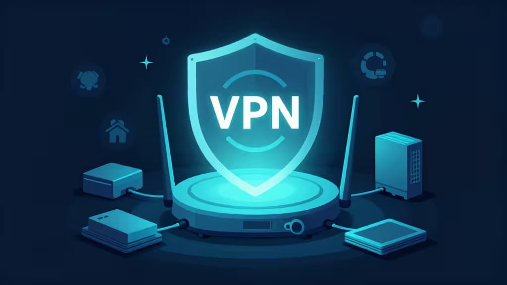 A glowing blue VPN shield hovers above a central router, protecting connected home devices like laptops and servers in a dark, tech-themed composition.