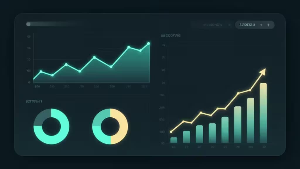 Dashboard finanziaria astratta con grafici di trend, grafici a torta del portafoglio e indicatori di crescita in tonalità turchese e oro