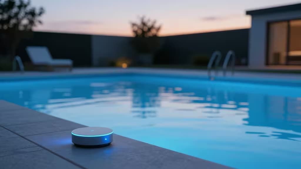 夕暮れ時のバックヤードプールとスマートホーム技術を融合した水質管理システムのイメージ