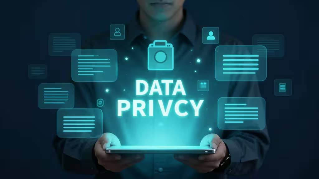 Persona sosteniendo una tableta con el texto 'DATA PRIVACY' e íconos flotantes que simbolizan servicios de eliminación de datos seguros.