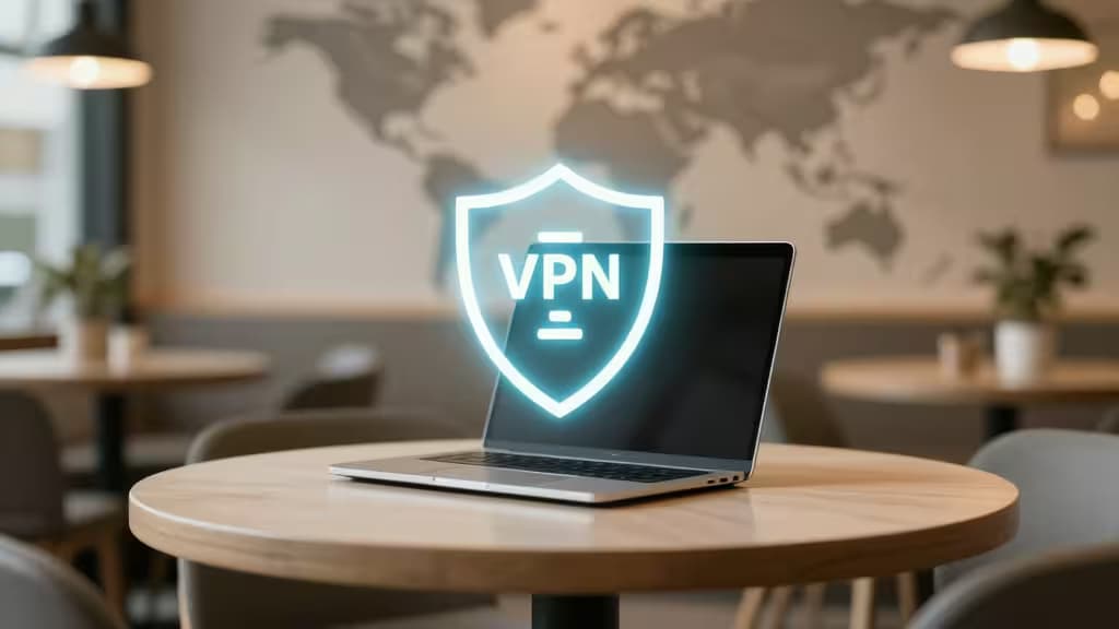 A glowing VPN shield hovers above a laptop on a wooden cafe table, with a blurred world map in the background.