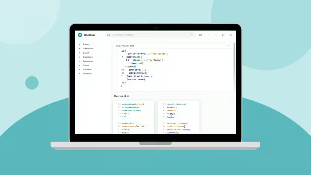 Laptop displays Docusaurus API docs with code snippets, sidebar navigation, and teal background.
