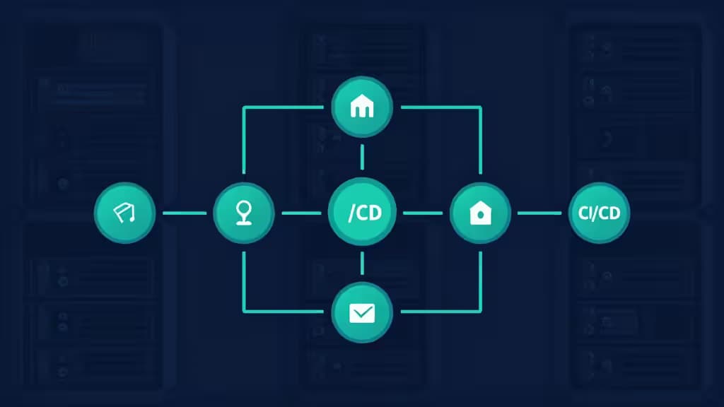 Illustration abstraite d'un pipeline CI/CD : nœuds interconnectés et flux de données sur un fond d'infrastructure serveur sombre, motifs hexagonaux de style Kubernetes, palette bleu profond et turquoise.