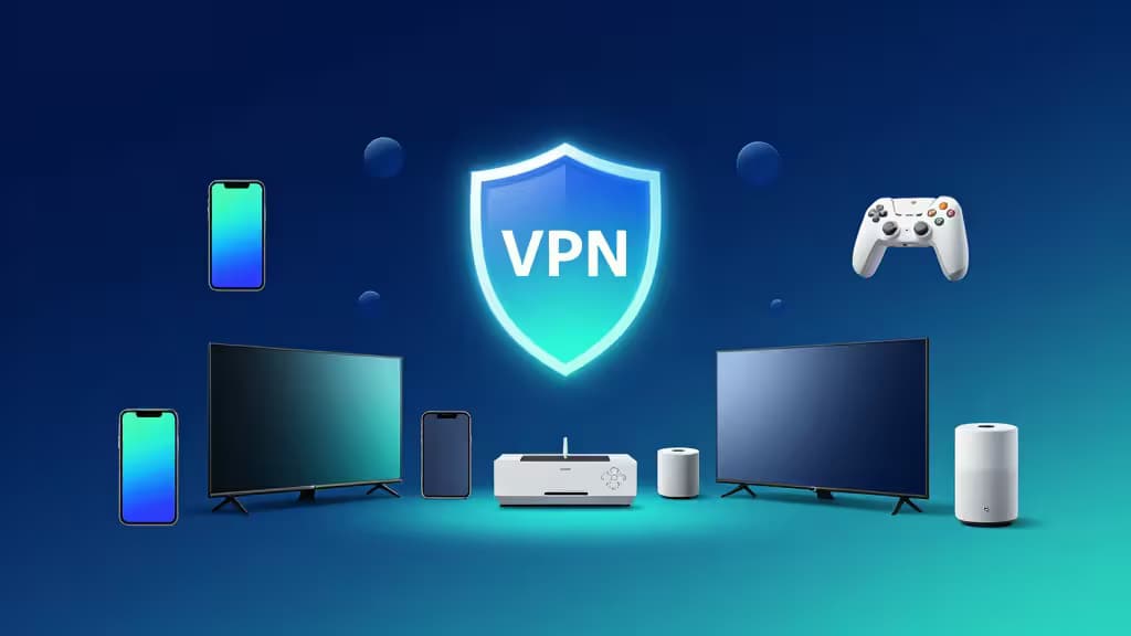 Illustrazione astratta di una casa intelligente con smartphone, tablet, smart TV, console e altoparlanti connessi a uno scudo luminoso centrale che rappresenta la protezione VPN.
