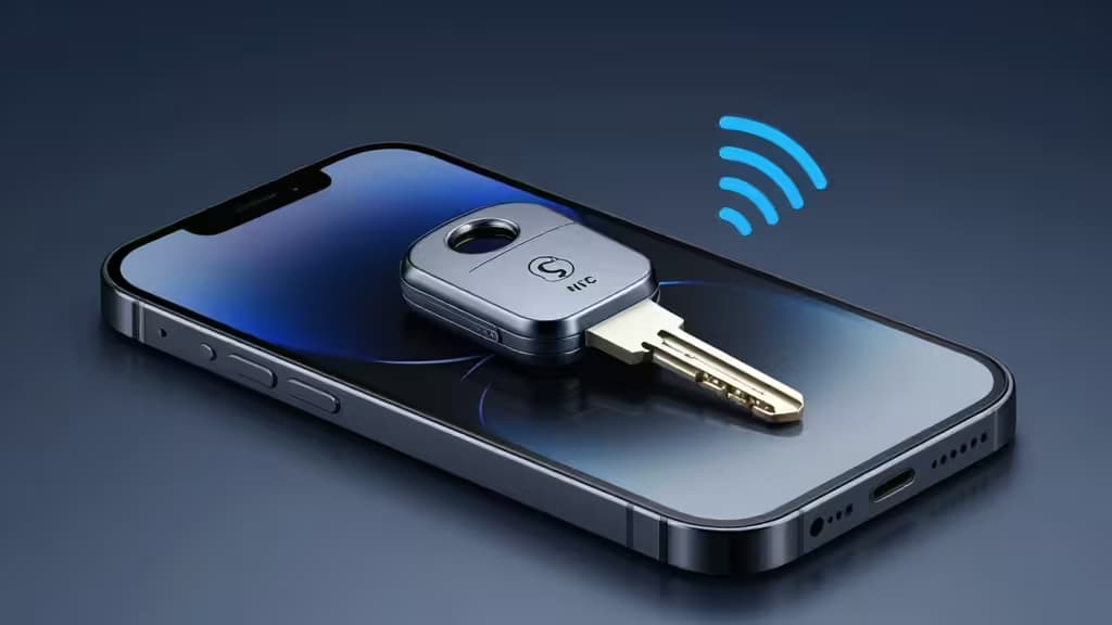 Metalowy klucz bezpieczeństwa NFC leżący na ekranie smartfona, emitujący niebieski sygnał bezprzewodowy na ciemnym gradientowym tle.