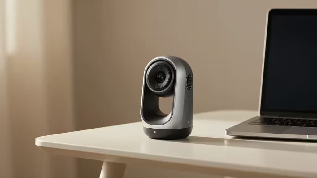 Moderne Webcam auf einem minimalistischen Schreibtisch neben einem Laptop mit warmem Licht