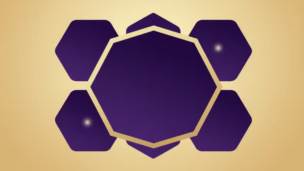 Paarse hexagonen met gouden omtrekken op een beige achtergrond, symbool voor crypto staking platforms.