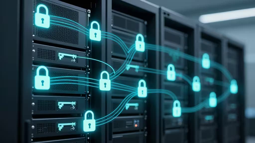 Glowing padlocks and keys connect server racks, symbolizing secure API key management in DevOps.