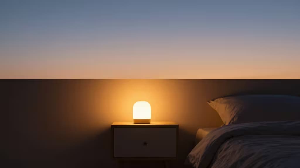 Una lampada smart ambrata illumina un comodino minimalista accanto a un letto con lenzuola morbide, creando un'atmosfera rilassante.