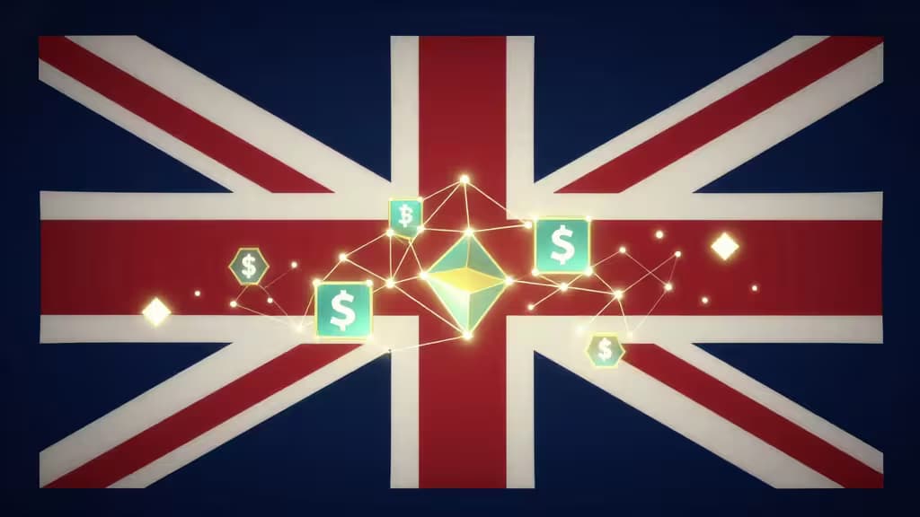 Glowing Ethereum and dollar icons connect via digital network lines over a textured Union Jack flag background.