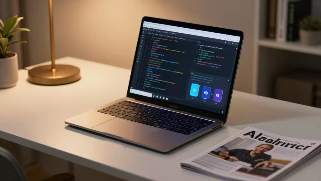 Um laptop elegante exibe ferramentas de codificação de IA em uma mesa minimalista com iluminação quente e uma revista.
