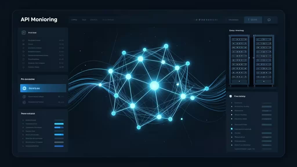 Dark dashboard displays glowing network nodes and server racks for API monitoring.