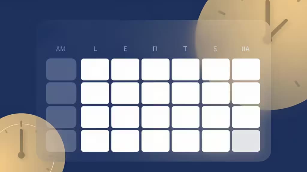 A digital calendar grid with time slots, flanked by minimalist clocks, visualizes AI-driven scheduling automation for busy professionals.