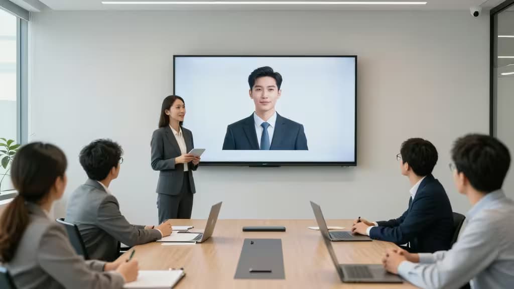 Une équipe diversifiée regarde un présentateur avatar généré par IA sur un grand écran lors d'une session de formation en entreprise.