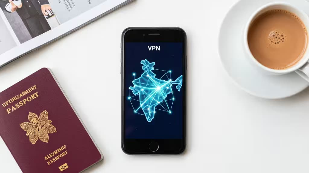 Smartphone displays India map with VPN icon, passport, coffee, and magazine on white surface.