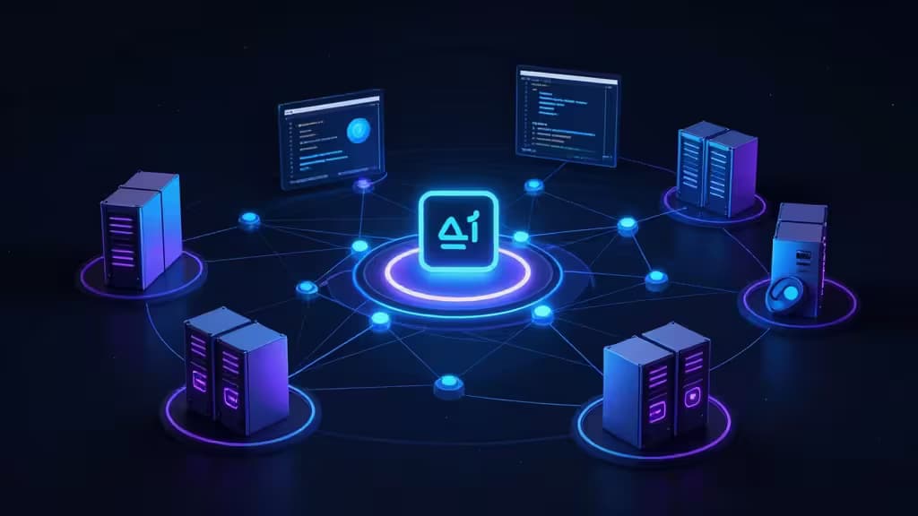 Glowing AI icon connects server racks and code screens via blue network lines on a dark background.